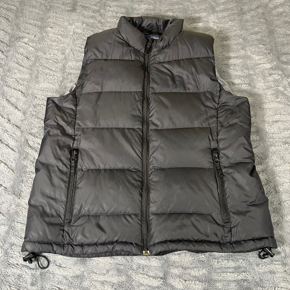 Lands End Womens Medium Black Goose Down Puffer Vest Full Zip Quilted Mock Neck